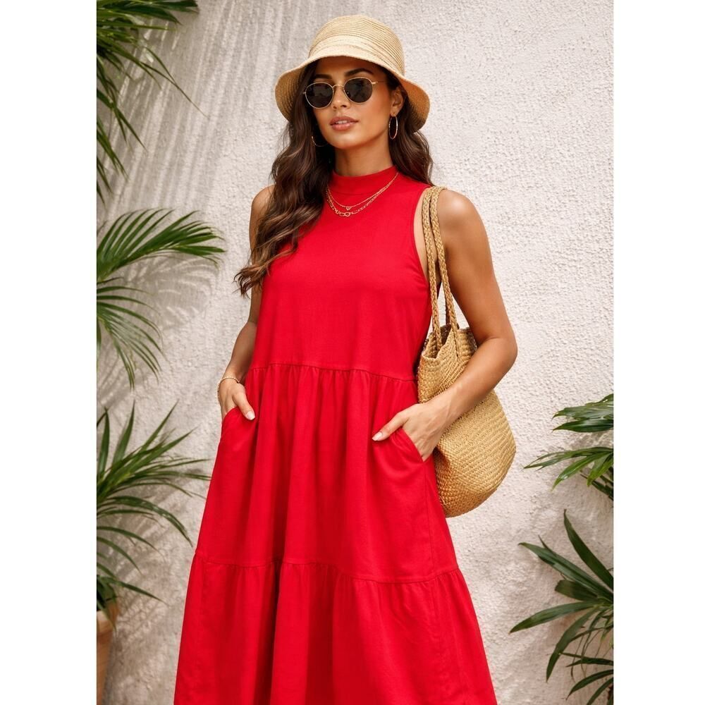 Red Sleeveless Midi Dress XXL New Day Casual Summer Tiered Pocket Dress Spring